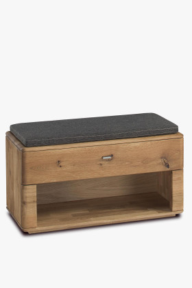 Tömör tölgyfa cipőtartó pad fiókkal és párnával előszobába